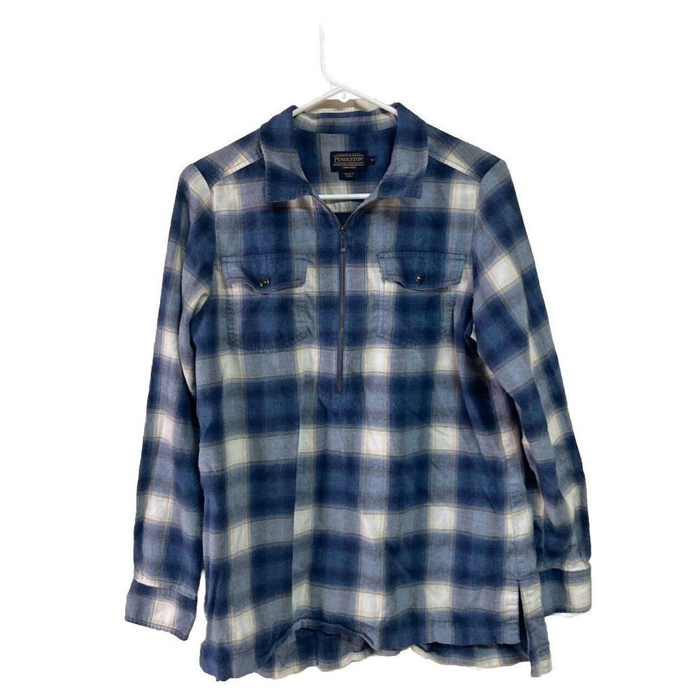 Women’s Pendleton Canyon Flannel Shirt Half Zip Pearl Snap Plaid Blue M